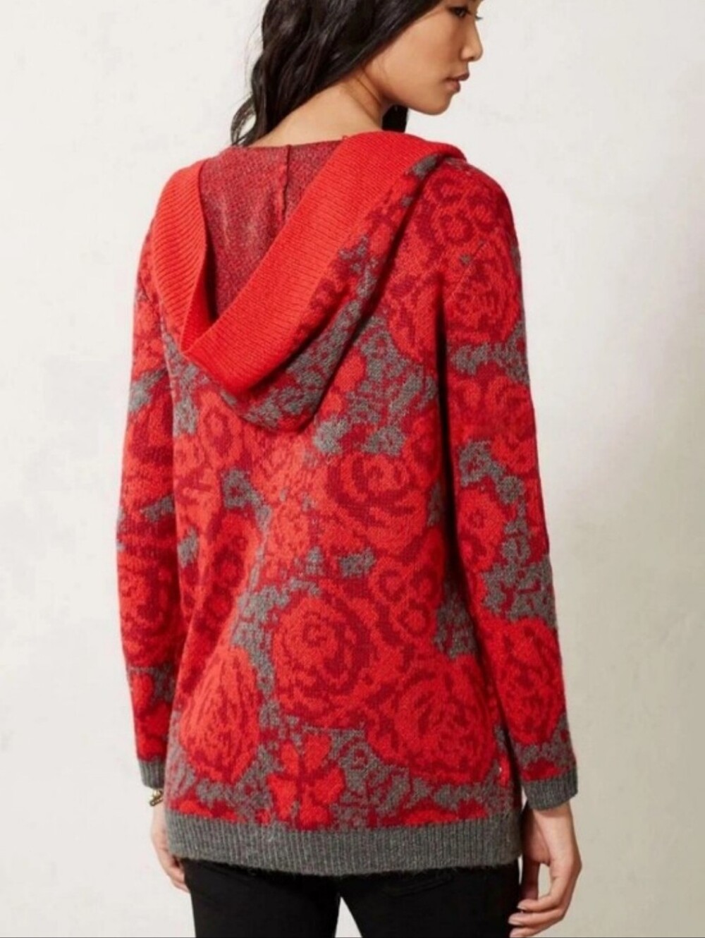 Anthropologie × Sparrow Maraschino Floral Sweater Coat Red & Gray Cardigan M/L - Picture 2 of 12